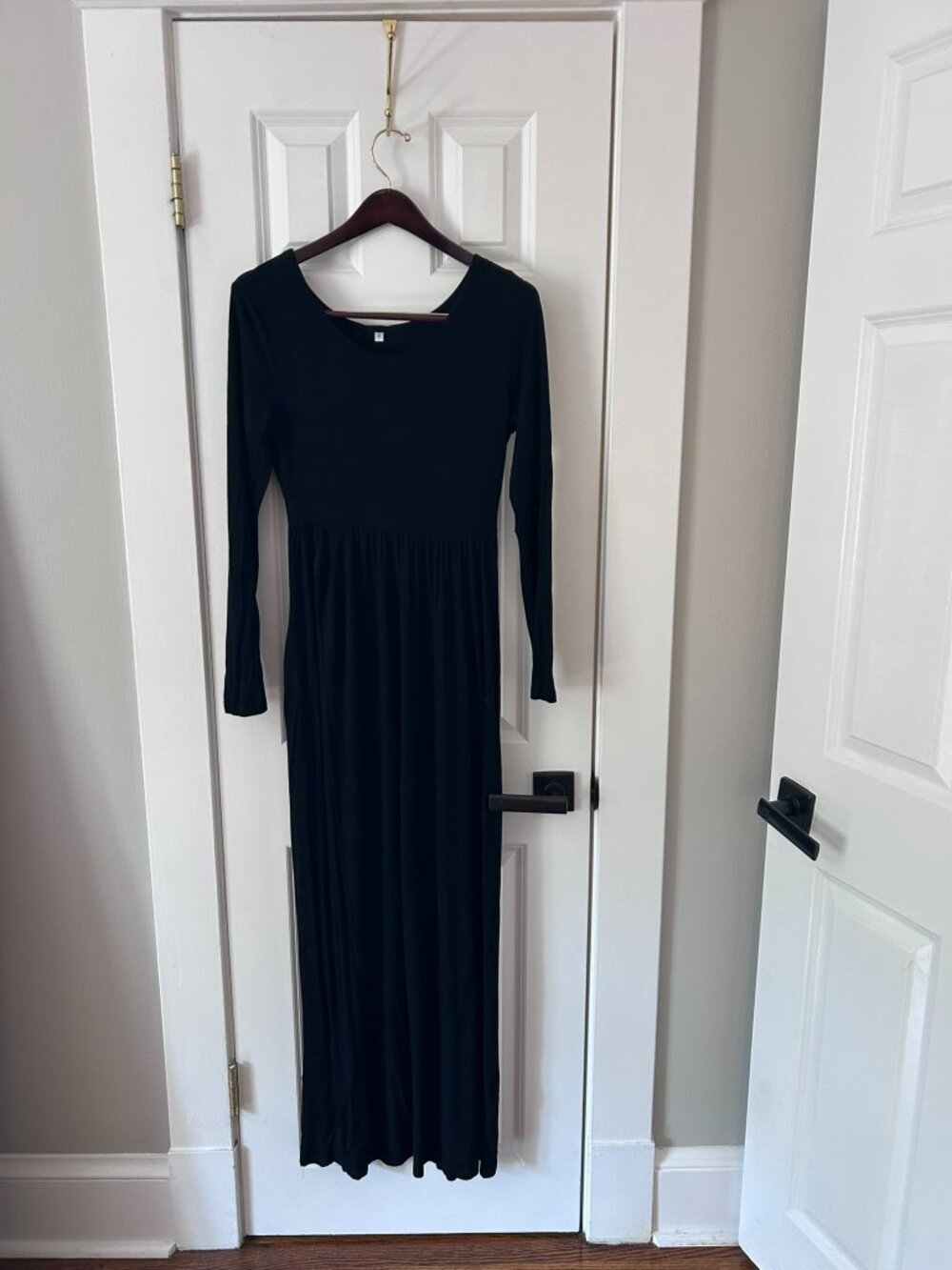 Black Long Sleeve Jersey Maxi Dress Scoop Neck Gathered Empire Waist Sz S